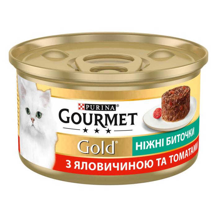 Блок (12 шт.) Влажный корм GOURMET Gold «Нежные биточки» для взрослых кошек, с говядиной и томатами, 85 г