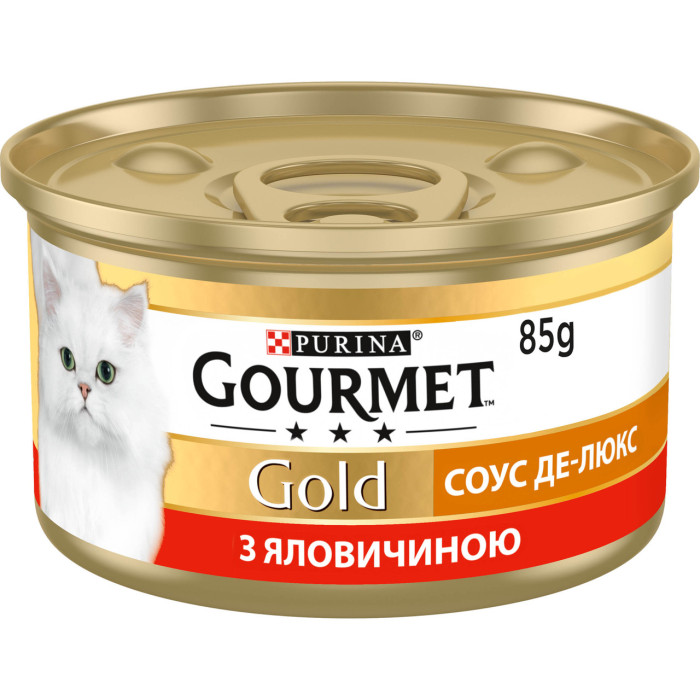 Блок (12 шт.) Влажный корм GOURMET Gold «Соус Де-Люкс» для взрослых кошек, кусочки в соусе, с говядиной, 85 г