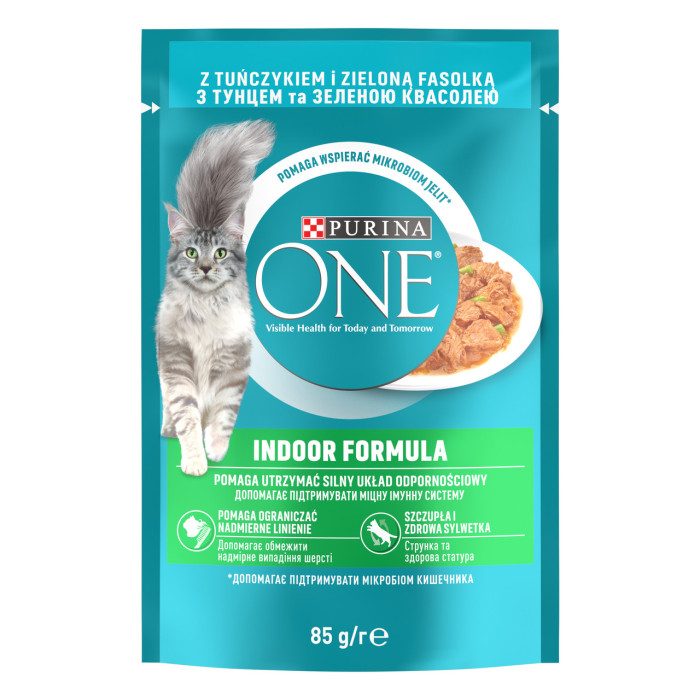 Блок (26 шт.) Влажный корм PURINA ONE Indoor для взрослых кошек, постоянно находящихся в помещении, кусочки в соусе, с тунцом и зеленой фасолью,
