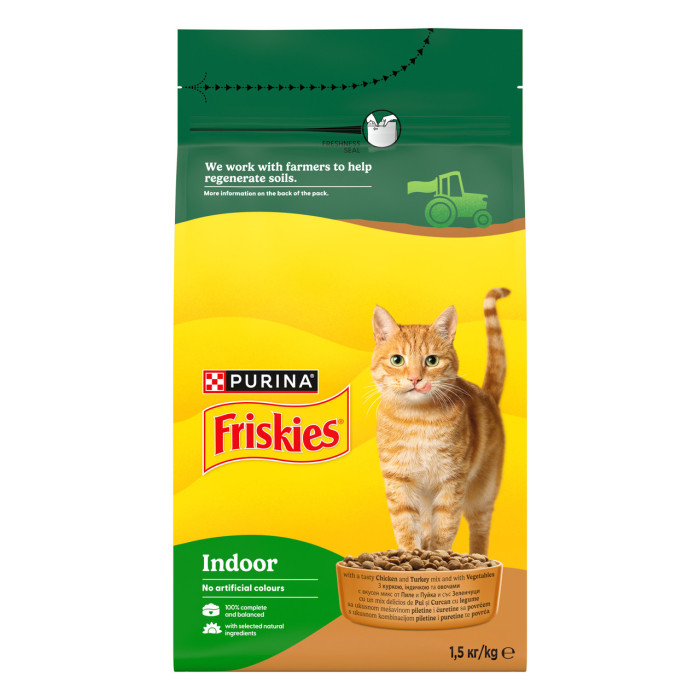 Сухой корм FRISKIES Indoor для взрослых кошек, постоянно находящихся в помещении, с курицей и индейкой, с овощами, 1.5 кг