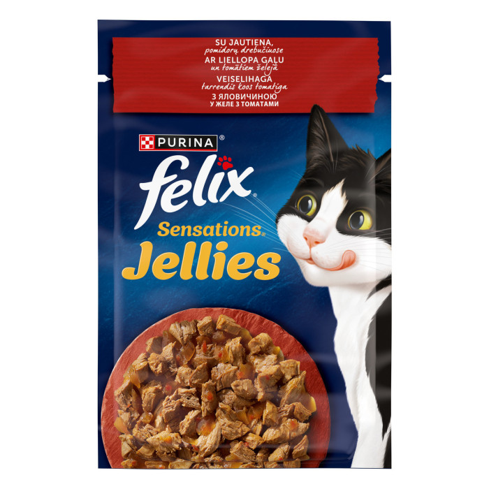 Блок (26 шт.) Вологий корм FELIX Sensations Jellies для дорослих котів, шматочки в желе, з яловичиною та томатами, 85 г