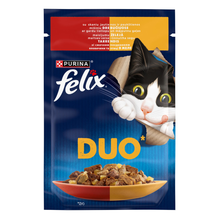 Блок (26 шт.) Влажный корм FELIX Fantastic Duo для взрослых кошек, кусочки в желе, с говядиной и птицей, 85 г