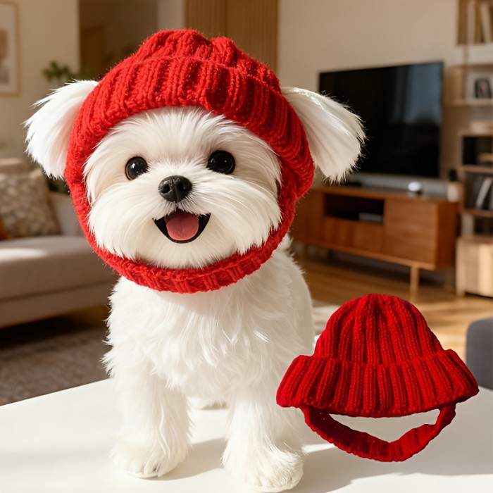 Вязаная шапка для котов PetStyle, зимняя теплая шапка с вырезами для ушей Красная