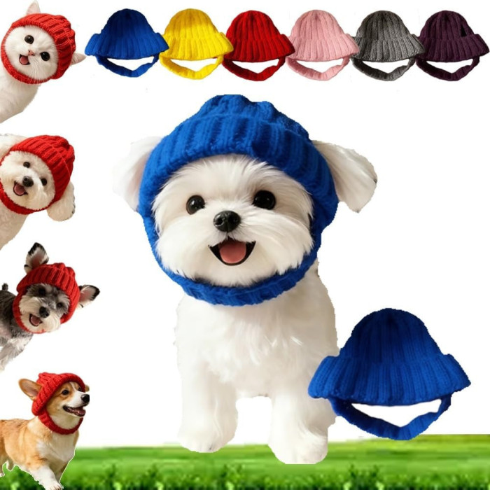В'язана шапка для котів PetStyle, зимова тепла шапка з вирізами для вух Синій