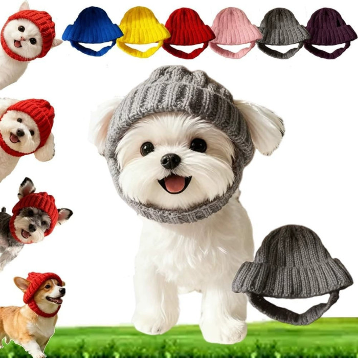 В'язана шапка для котів PetStyle, зимова тепла шапка з вирізами для вух Сірий