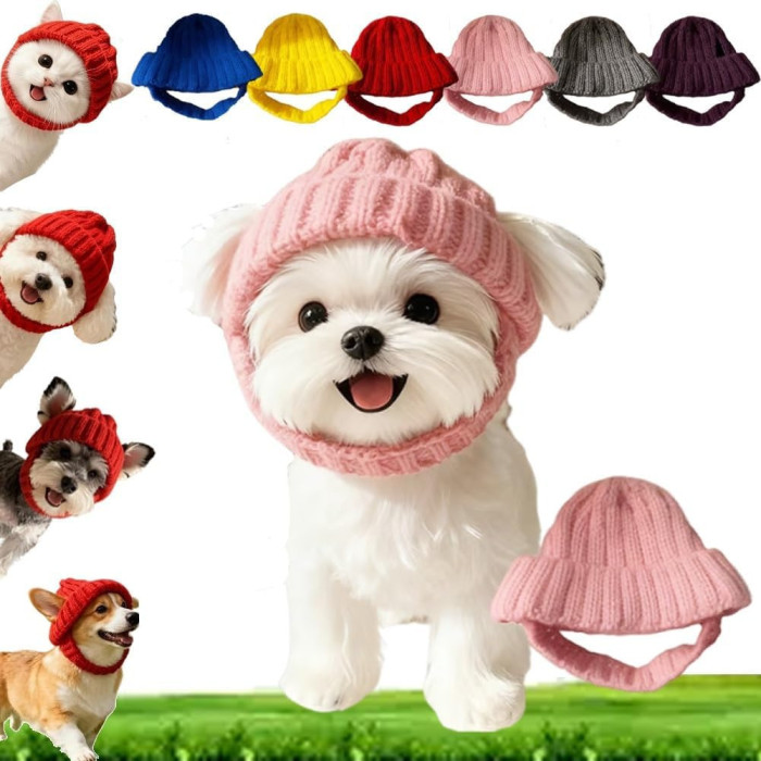 В'язана шапка для котів PetStyle, зимова тепла шапка з вирізами для вух Рожевий