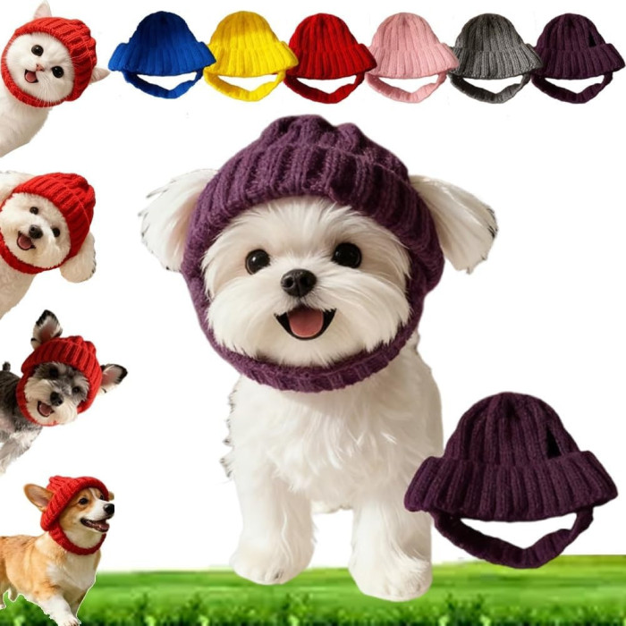 В'язана шапка для котів PetStyle, зимова тепла шапка з вирізами для вух Фіолетовий