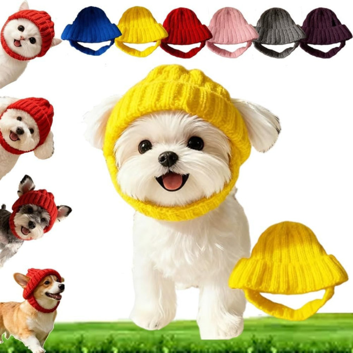 Вязаная шапка для котов PetStyle, зимняя теплая шапка с вырезами для ушей Желтый