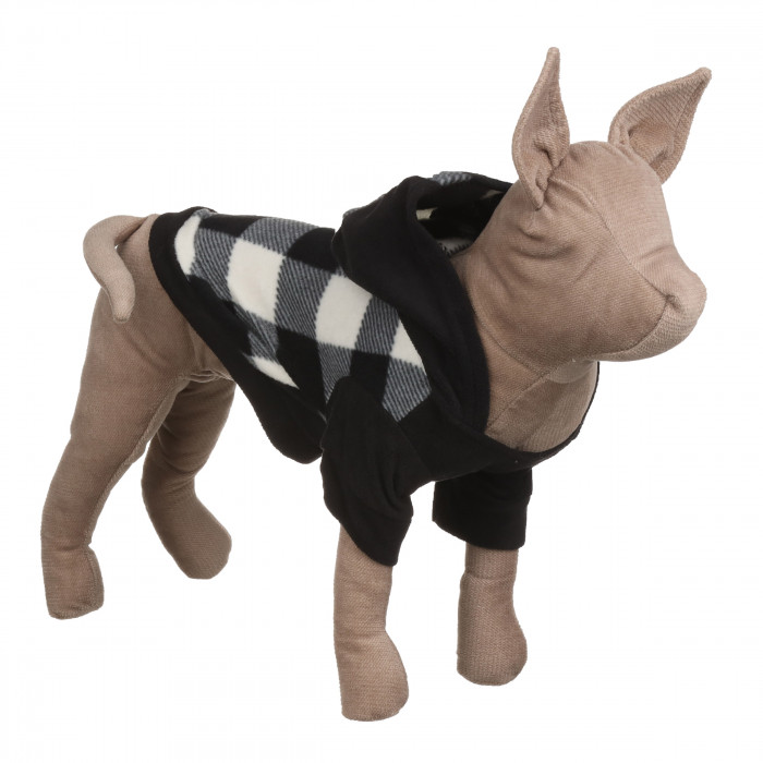 Осеннее-весеннее теплое худи для котов и кошек с капюшоном на флисе "Крупная клетка", черное, размер S