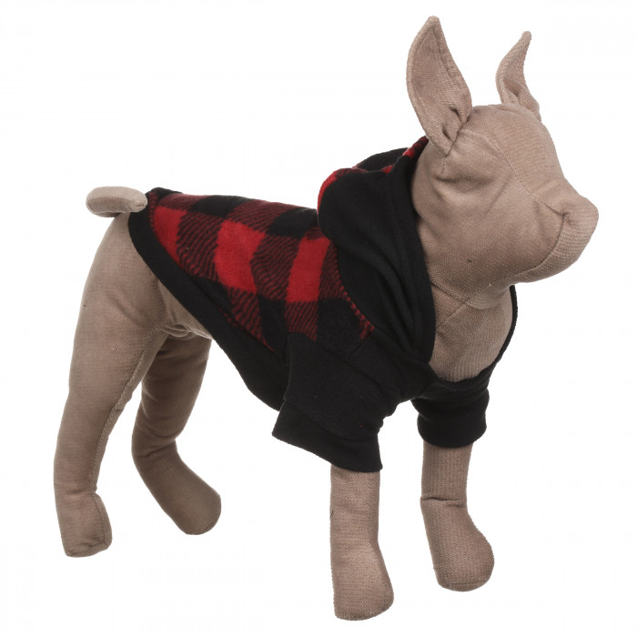 Осінньо-весняне тепле худі для котів та кішок з капюшоном на флісі "Велика клітинка", червоно-чорне, розмір S