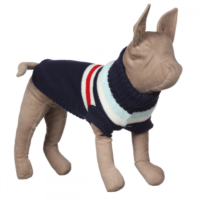 Теплый зимний вязаный акриловый свитер для котов и кошек "Синий с полосами", размер XS