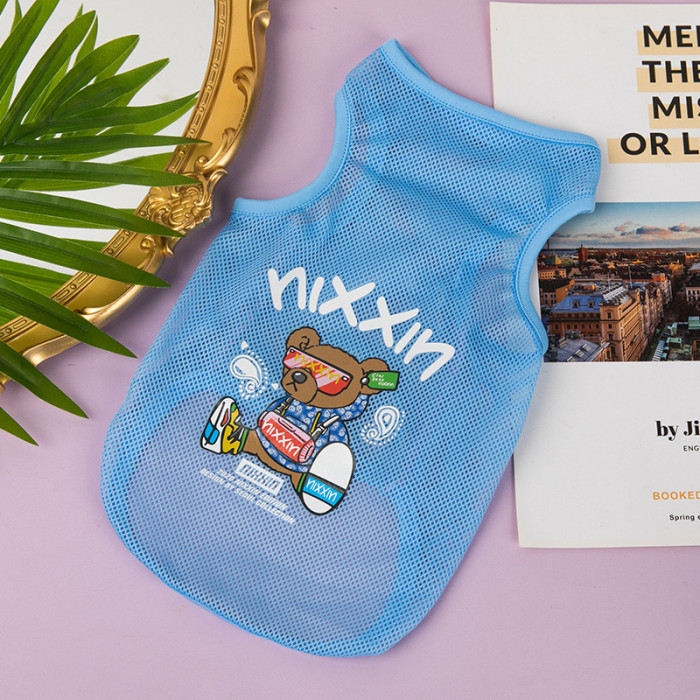 Літня тонка сітчаста майка для котів та кішок "Ведмідь", блакитна, розмір XS