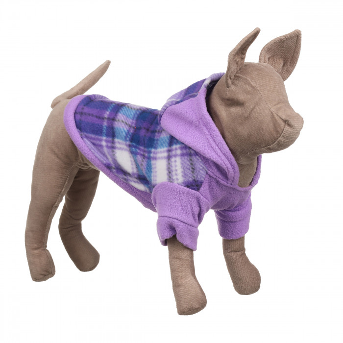 Осінньо-весняне тепле худі для котів та кішок з капюшоном на флісі "Велика клітинка", фіолетове, розмір XS