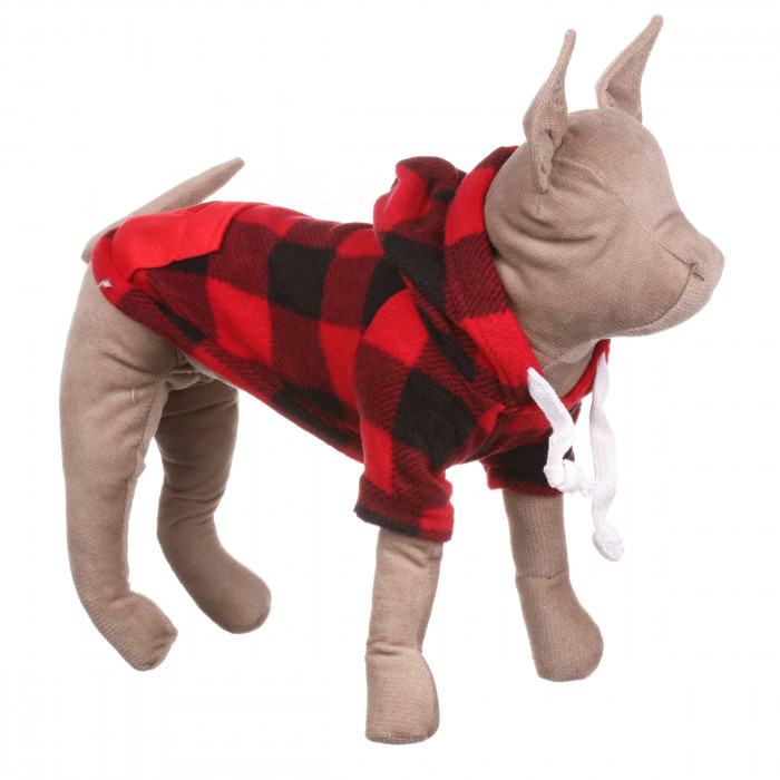 Осінній худі на флісі для котів та кішок з кишенею на блискавці "Sausage" Чорно-червона клітинка, розмір 5XL