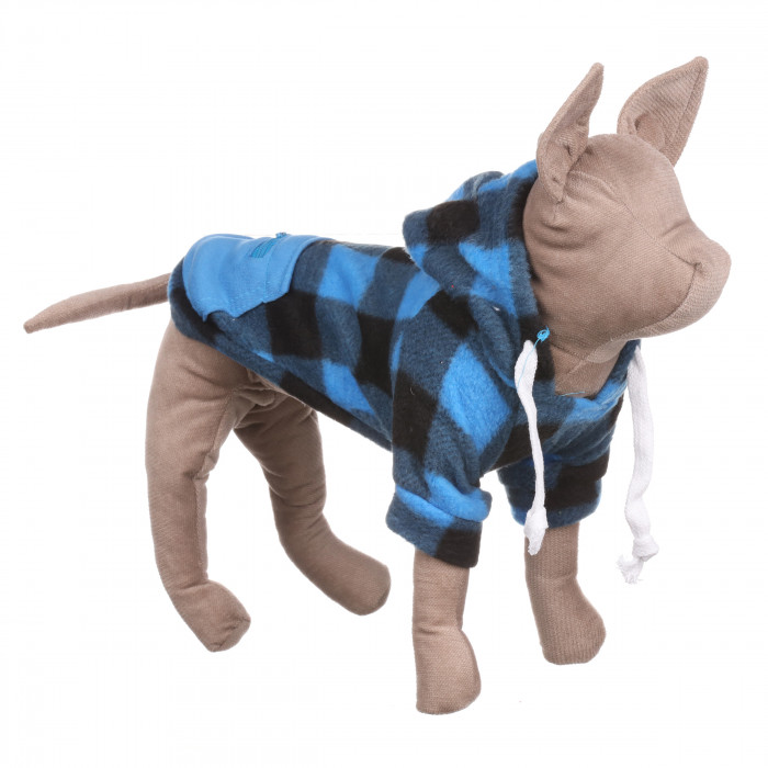 Осінній худі на флісі для котів та кішок з кишенею на блискавці "Sausage" Чорно-синя клітинка, розмір S