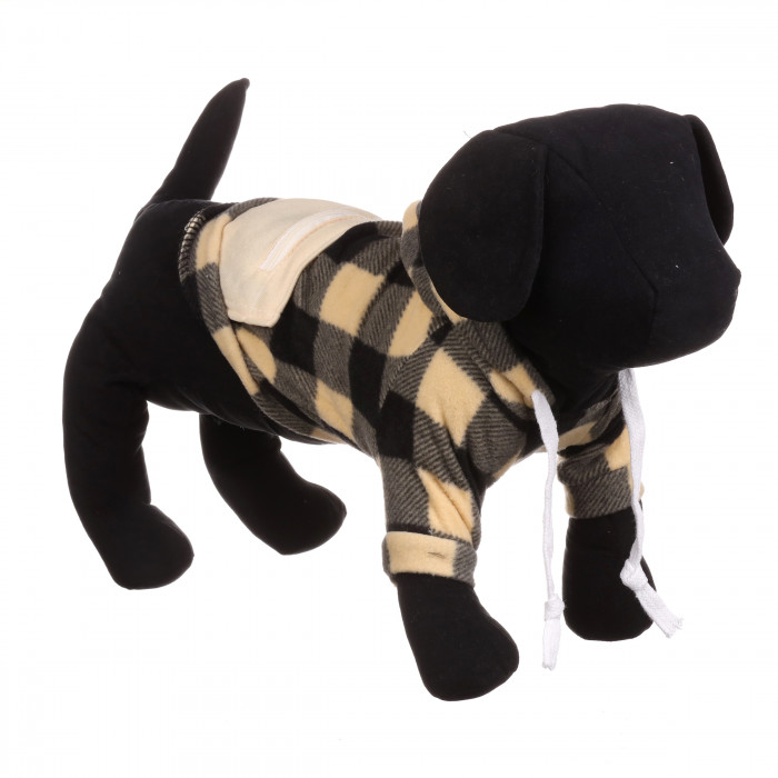 Осенний худи на флисе для собак с карманом на молнии "Sausage" Черно-бежевая клетка, размер 2XL
