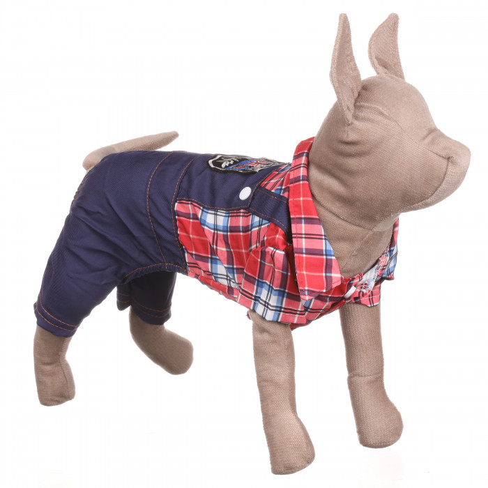 Літній джинсовий костюм для котів та кішок "Клітинка", червоний, розмір M