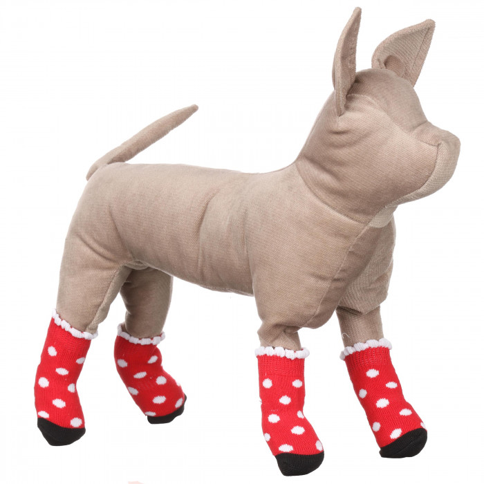 Носки с антискольжением для собак (4 шт) хлопок "Горошек", красные, размер 2