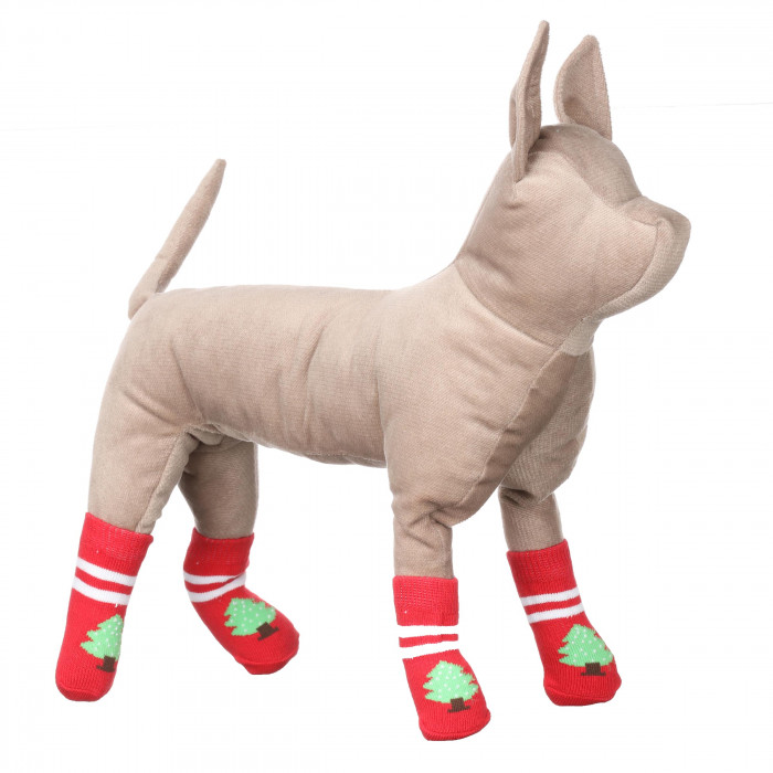 Шкарпетки з антиковзанням для собак (4 шт) бавовна "Ялинка", червоні, розмір 2